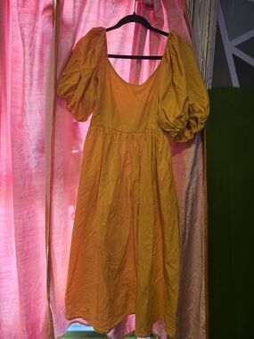 ELF Mustard Yellow Puff Sleeve Midi Dress